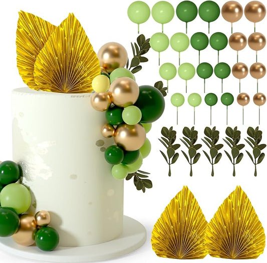 NEBURORA 64 Pcs Balls Cake Toppers and Leaves Decoration Set Mini Balloons for Cake Decorating Supplies Balls Cake decorations for Baby Shower Cake Toppers Birthday Cake Decorations (Green Gold）