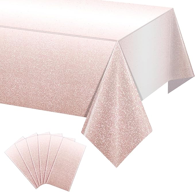 6 Pack Ombre Rose Gold Plastic Tablecloth for Parties, Gradient Pastel Rose Gold Disposable Tablecloths for Rectangle Tables, Light Pink Sprinkle Table Cover for Wedding Birthday Party, 54 x 108 Inch
