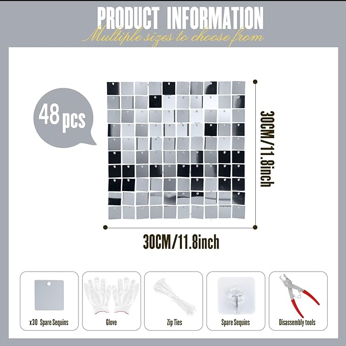 Shimmer Wall Sequin Backdrop, 48pcs Square Shimmer Wall Sequin Backdrop, DIY Party Shiny Decor for Wedding, Birthday, Anniversary, Graduation, Holiday&Home Background Supplies (Silver)
