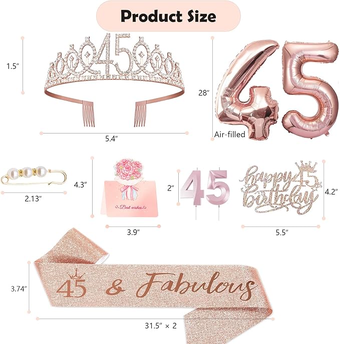 45th Birthday Gifts Decorations for Women, Including 45 year old Cake Topper, Birthday Queen Sash with Pearl Pin, Sweet Rhinestone Tiara Crown, Number Candles and Balloons Set, Rose Gold