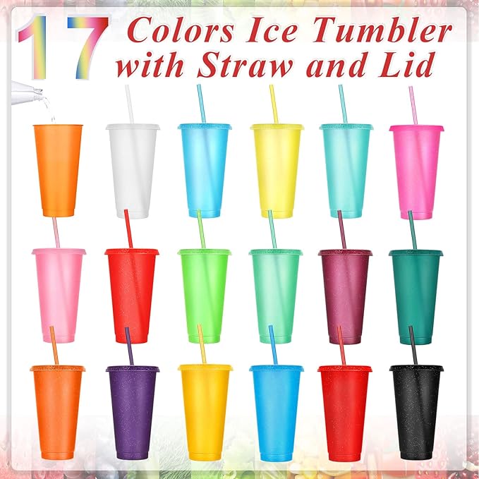 Honeydak 60 Pack Tumbler with Straw and Lid Bulk Cups for Gifts Glitter Plastic Coffee Cups 24-27 oz Reusable Water Bottle Iced Coffee Travel Mug Party Favors for Birthdays Travel (Assorted Color)