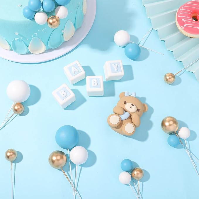 29 Pcs Ball Cake Toppers Bear Cake Decorations with Cute Bear Blue BABY Letter Blue Gold White Foam Balloon for Baby Shower Girl Boy (Blue, White, Gold)