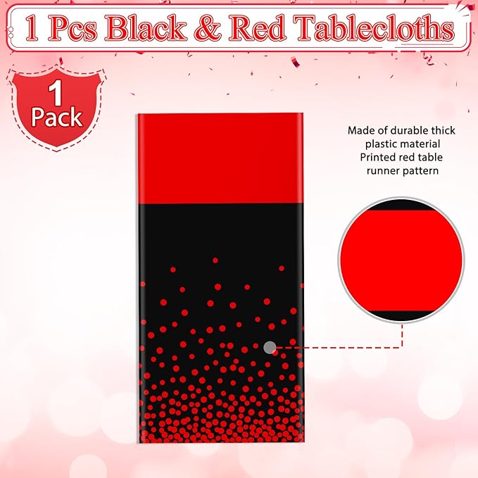 MASHAN 1Pcs Black and Red Tablecloth Party Decorations,Plastic Black Table Cloth Printed Red Table Runner Disposable Rectangle Cover for Birthday Weeding Anniversary Graduation Party,54 x108 Inch