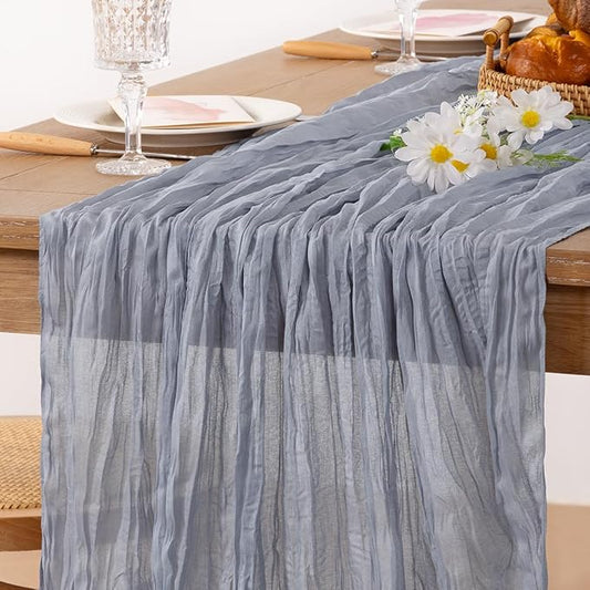 MLMC Grey Table Runner Cheesecloth Table Runner 10ft Sheer Rustic Gauze Cheese Cloth Centerpiece Decor 35x120 Inches for Wedding Party Bridal Shower Birthday Winter Decor