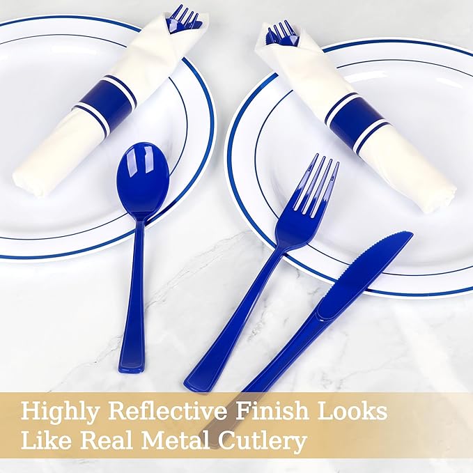 50 Pack Pre Rolled Blue Plastic Silverware Set,Wrapped Plastic Cutlery Set with Napkin Include 50 Forks,50 Spoons,50 Knives and 50 White Napkins for Party,Wedding,Christmas