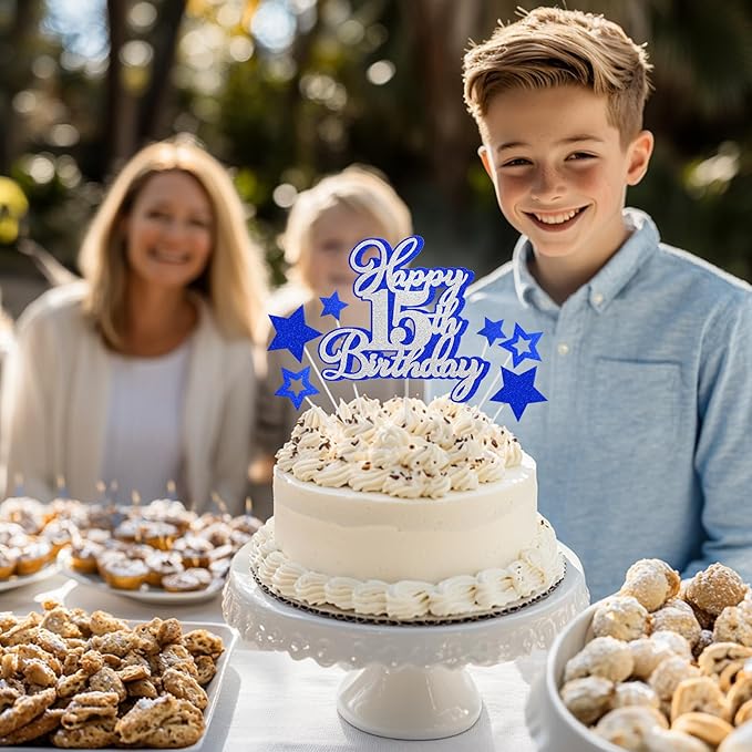 Happy 15th Birthday Cake Topper 15 Teenager Birthday Cake Decorations, Happy 15th Birthday Anniversary Party Cake Decorations for Boy Girl, Blue Silver Glitter