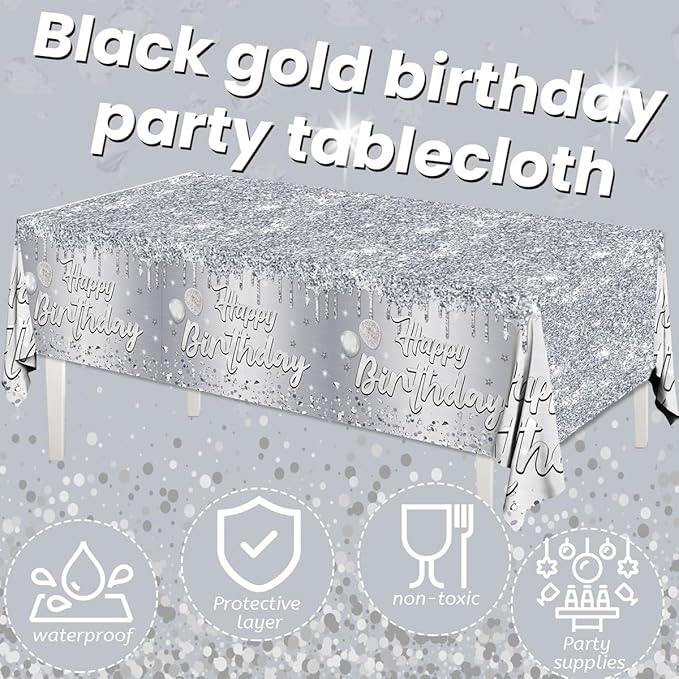 Happy Birthday Tablecloth,3pcs Sliver Table Cloths for Parties Glitter Sliver Birthday Decoration for Women Men’s 18th 21st 30th 40th 60th 70th Birthday Party Supplies