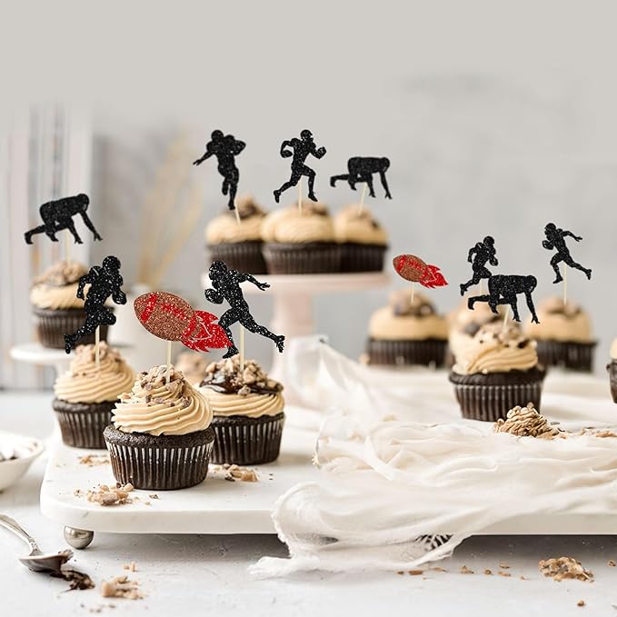 24Pcs Rugby Ball Cupcake Toppers Football Players Sport Cupcake Picks Super Rugby Sports Theme Baby Shower Birthday Party Cake Decorations Supplies
