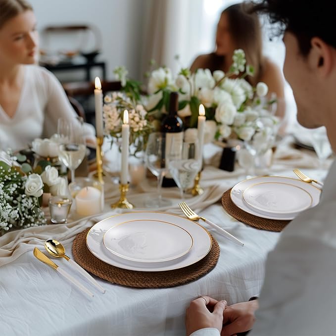 150 PCS White Gold Plastic Utensils for 50 Guests, Gold Disposable Silverware with 50 Knives, 50 Spoons and 50 Forks, BPA Free, Ideal for Weddings, Birthdays & Graduation