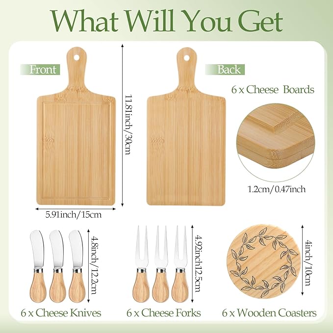 Honeydak 49 Pcs Baby Shower Prizes for Game Players 6 Sets Bamboo Cheese Board Fork Knives Coasters Towel Artificial Potted Plant Thanks Card Gift Bag for Baby Bridal Shower Wedding Favors(Square)