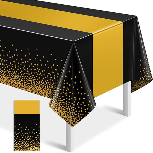 1Pcs Black and Gold Tablecloth Party Decorations,Plastic Black Table Cloth Printed Gold Table Runner Disposable Rectangle Tables Cover for Birthday Retirement Anniversary Graduation Party,54 x108 Inch