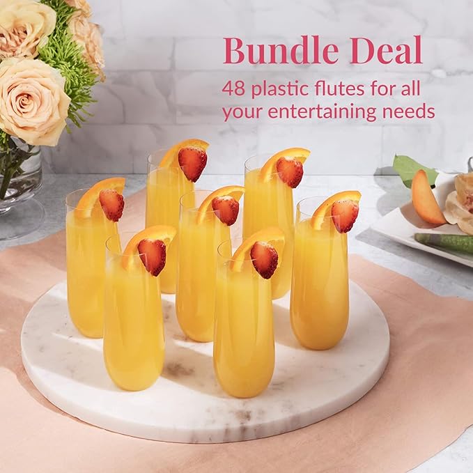 Prestee 48 Pack Plastic Champagne Flutes 9 oz - Stemless Disposable Champagne Flutes for Cocktails Mimosa Bar and Party Supplies - Clear Shatterproof Plastic Wine Glasses for Wedding and Summer Party