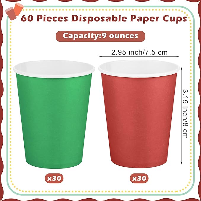 URATOT 60 Pieces 9 Ounce Disposable Paper Cups Christmas Party Cups Red Green Drinking Cups for Party, DIY, and Holiday, 2 Colors