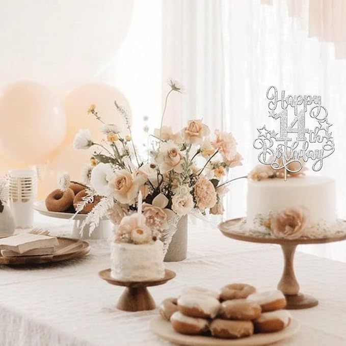 1 PCS Happy 14st Birthday Cake Topper Glitter Cheers to 14 Years Birthday Cake Pick Hello 14 Fabulous Cake Decoration for Happy 14st Birthday Anniversary Party Decorations Supplies silver