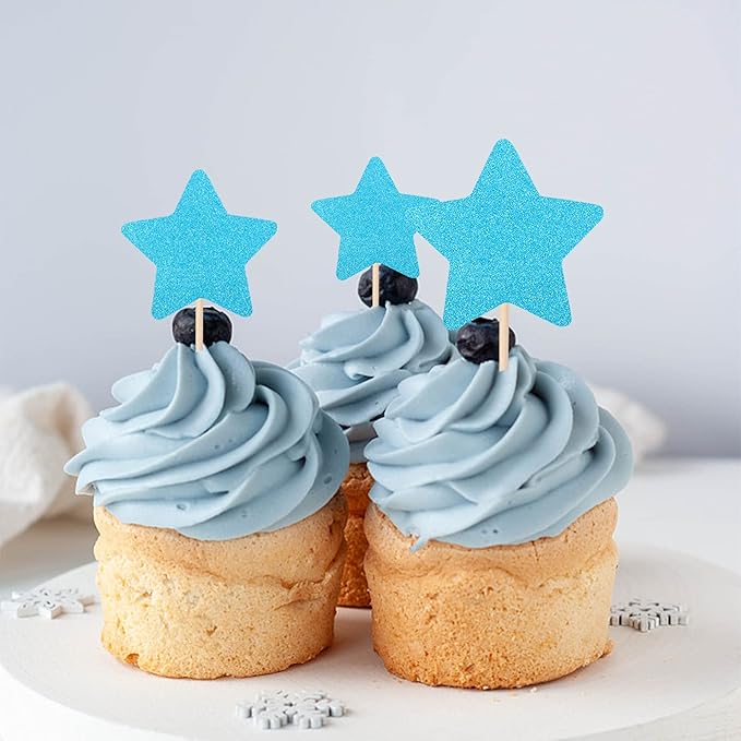 30 PCS Star Cupcake Toppers Glitter Mixed Size Twinkle Little Star Cake Picks Decorations for Wedding Engagement Baby Shower Birthday Party Supplies Blue
