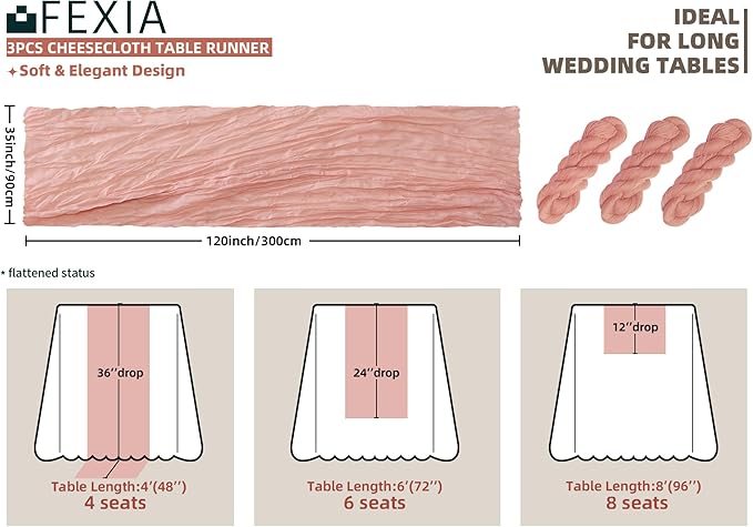 FEXIA 3 Pack Pink Table Runner 35x120 Inches for Baby Shower Decoration Spring Easter Table Runner for Wedding Party First Communion Centerpiece Engagement Bridal Shower Boho Decoration