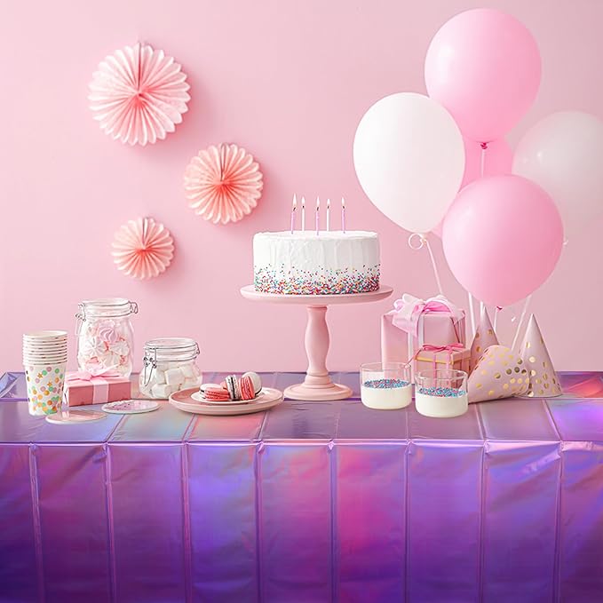1 Pack Ombre Iridescent Pink and Purple Plastic Tablecloths, Shiny Disposable Laser Rectangle Table Covers Holographic Foil Tablecloth Iridescent Party Decoration Birthday Bridal Wedding, 54x108 Inch