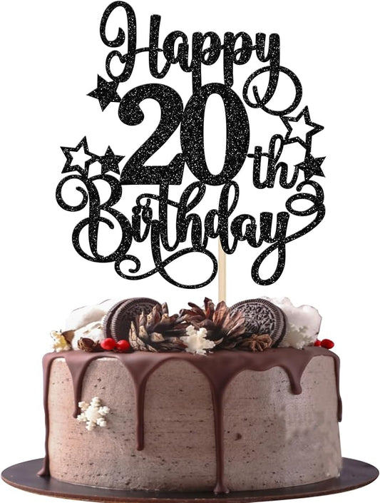 1 PCS Happy 20th Birthday Cake Topper Glitter Cheers to 20 Years Birthday Cake Pick Hello 20 Fabulous Cake Decoration for Happy 20th Birthday Anniversary Party Decorations Supplies Black