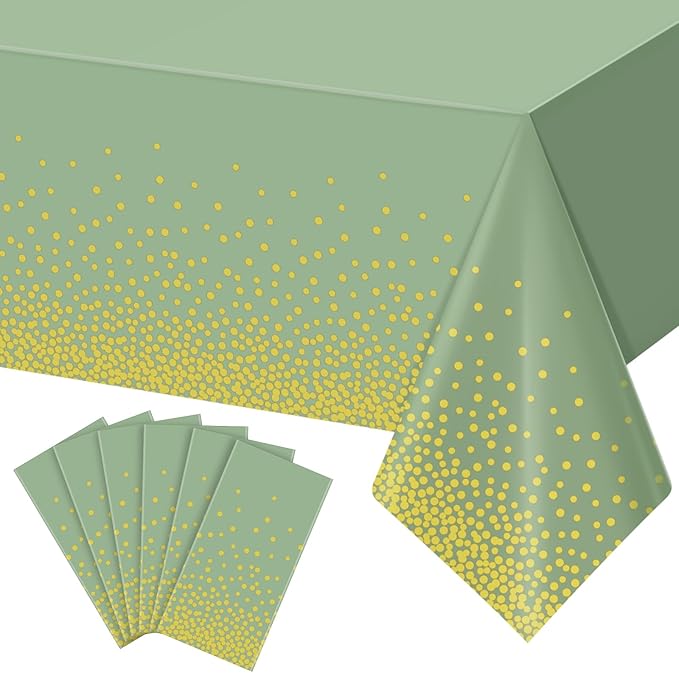 6 Pack Sage Green and Gold Plastic Tablecloth, Green Disposable Table Cloth for Rectangle Tables, Gold Stamping Dot Light Green Tablecloth for Baby Shower Birthday Wedding Party Decorations, 54"x108"