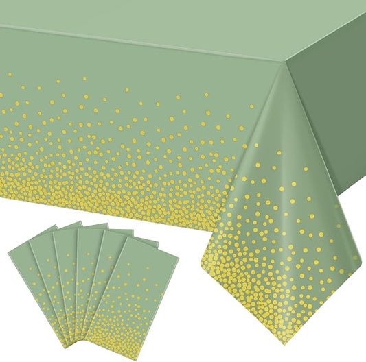 6 Pack Sage Green and Gold Plastic Tablecloth, Green Disposable Table Cloth for Rectangle Tables, Gold Stamping Dot Light Green Tablecloth for Baby Shower Birthday Wedding Party Decorations, 54"x108"