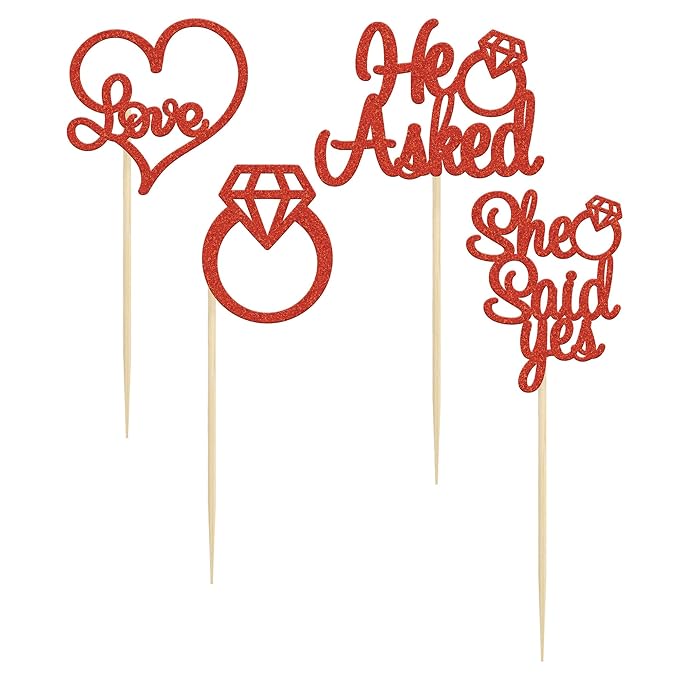 Gyufise 24 Pieces Red Glitter Engagement Cupcake Toppers He Asked She Said Yes Diamond Ring Heart Cupcake Picks for Wedding Bridal Shower Party Cake Decorations