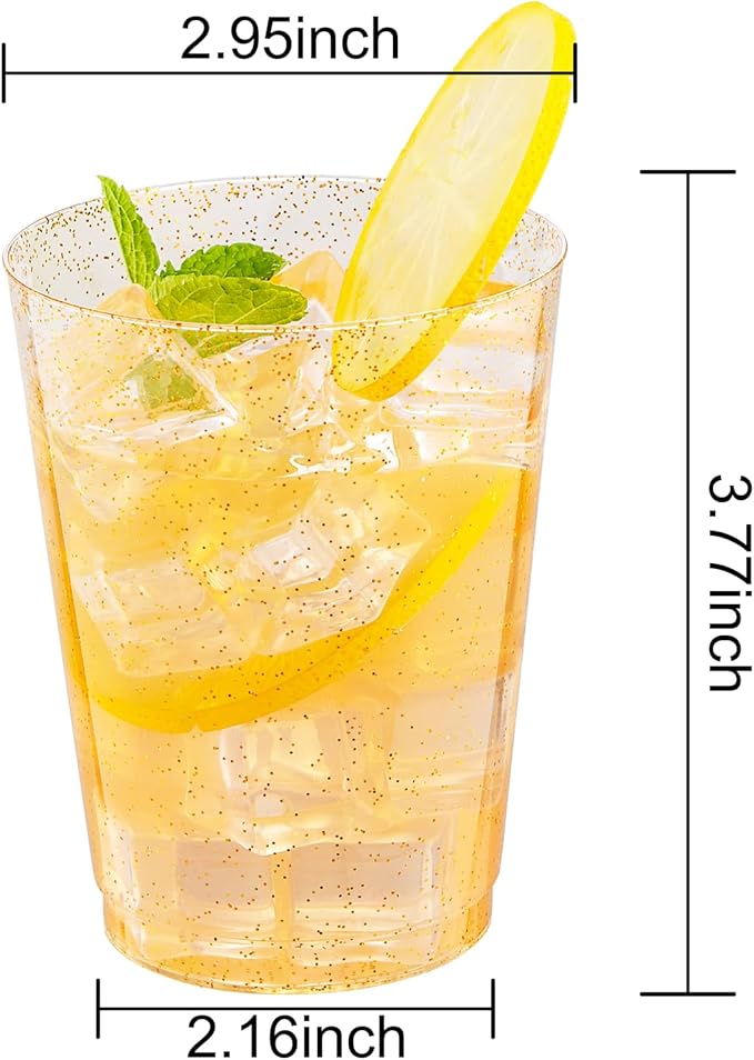 I00000 100 Pack 10oz Gold Plastic Cups, Premium Disposable Gold Glitter Plastic Cups for Martini and Cocktail,Hard Clear Cup with Gold Glitter Perfect for Fancy Wedding and Elegant Party