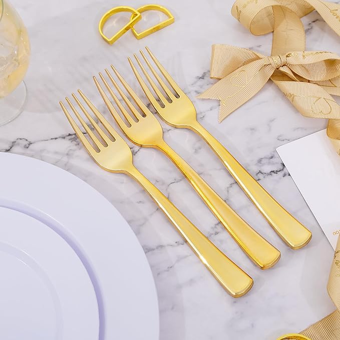 bUCLA 600PCS Gold Plastic Forks - 7.4inch Heavy Duty Plastic Forks Bulk Disposable for Party - Gold Silverware,Ideal for Weddings&Daily Using
