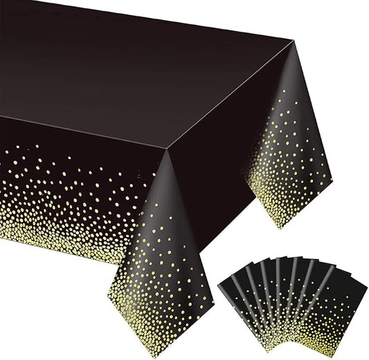 Gexolenu 8 Pack Black and Gold Tablecloth for Rectangle Tables, Plastic Disposable Dot Confetti Party Table Covers for Birthday, Graduation, New Year Party, Anniversary, 54" x 108"