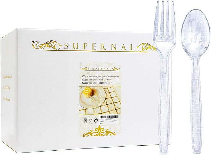 Supernal 400pcs Clear Plastic Silverware Heavy Duty Plastic Forks and Spoons Crystal Disposable Cutery Disposable Utensils Include 200 Forks and Spoons Perfect for Halloween Thanksgiving Christmas