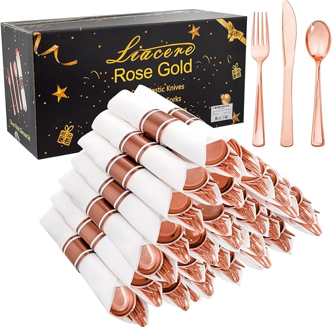 Liacere 100Pack Rose Gold Plastic Silverware - Pre Rolled Napkins with Rose Gold Cutlery - Wrapped Silverware Set Disposable100 Forks Knives Spoons Wrapped Utensils for Wedding＆Valentine's Day