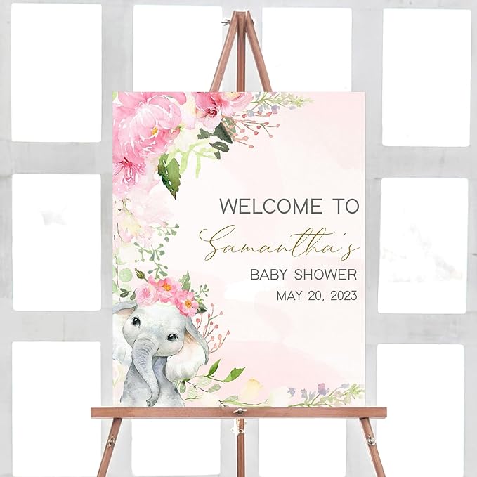 Generic Pink Elephant Baby Shower Welcome Sign, Blush Pink Floral Baby Shower Decoration, 4mm Corrugated Plastic, Weatherproof & Fade-Resistant