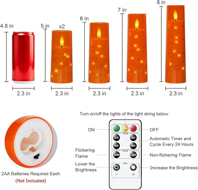 Raycare Flameless Candle with Remote Timer – 5 Flickering Acrylic Battery Operated LED Pillar Candles with Embedded Star String for Halloween, Home Decor, and as a Gift(Orange)