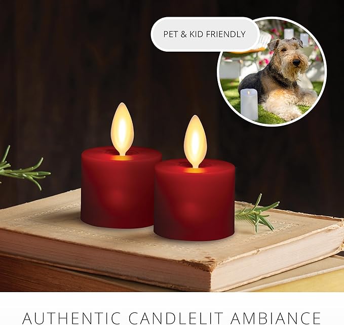 Luminara Moving Flame LED Flameless Tealight (1.4" x 2") Remote Ready Battery Operated Plastic LED Flameless Tea Light - Smooth Matte - Pearl Ivory (2-Pack Burgundy)