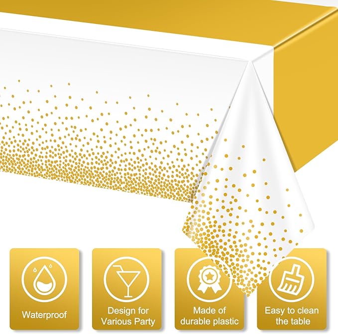 12Pcs White and Gold Tablecloth Party Decorations,Plastic White Table Cloth Printed Gold Table Runner Disposable Rectangle Tables Cover for Birthday Wedding Anniversary Graduation Party,54 x108 Inch