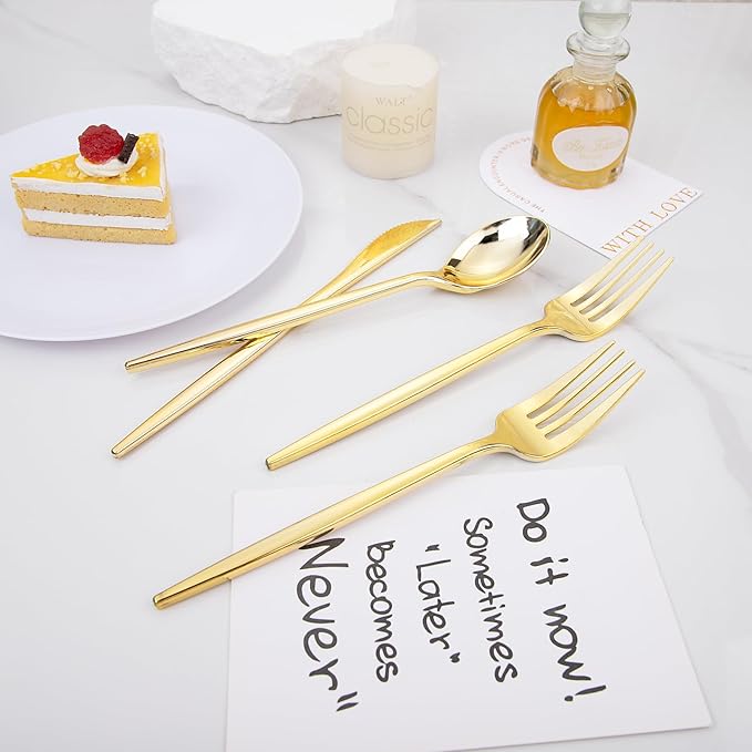 PULOTE 150PCS Thanksgiving Gold Plastic Silverware Disposable - Heavy Duty Gold Plastic Cutlery - Gold Plastic Utensils Set Include 50 Knives,50 Forks,50 Spoons for Party&Wedding