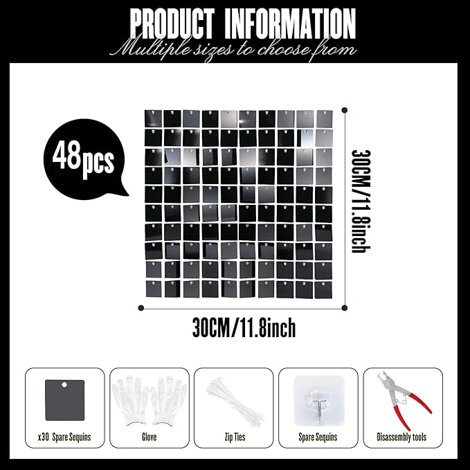 Shimmer Wall Sequin Backdrop, 48pcs Square Shimmer Wall Sequin Backdrop, DIY Party Shiny Decor for Wedding, Birthday, Anniversary, Graduation, Holiday&Home Background Supplies (Black)