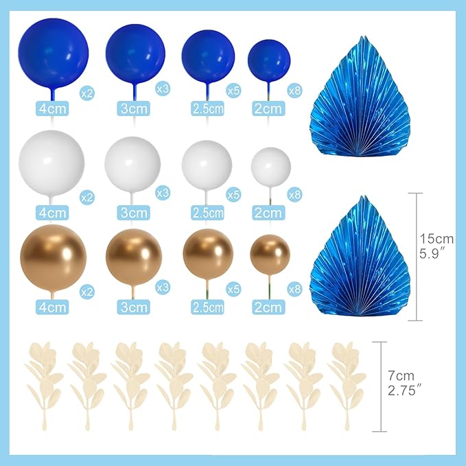 NEBURORA 64 Pcs Balls Cake Toppers and Leaves Decoration Set Mini Balloons for Cake Decorating Supplies Balls Cake decorations for Baby Shower Cake Toppers Birthday Cake Decorations(Blue Gold）