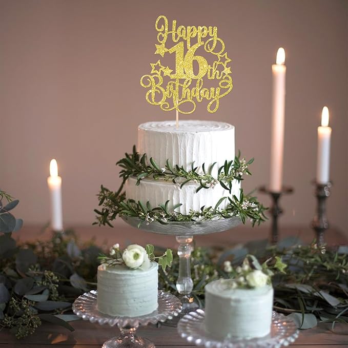 1 PCS Happy 16th Birthday Cake Topper Glitter Cheers to 16 Years Birthday Cake Pick Hello 16 Fabulous Cake Decoration for Happy 16th Birthday Anniversary Party Decorations Supplies Gold