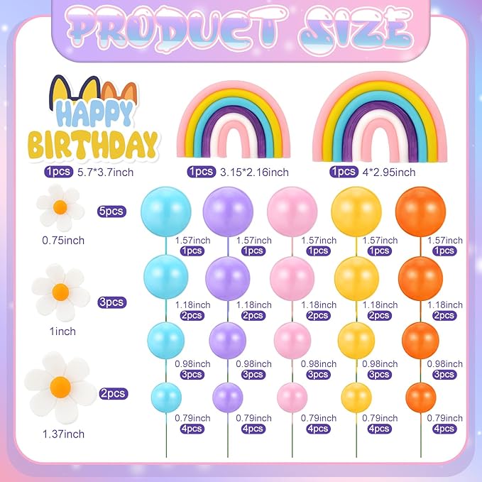 63 Pcs Cake Toppers with Balls Daisy Rainbow Cake Topper, Blue Cake Topper Pastel Cupcake Toppers Cake Decorations for Birthday Wedding Groovy Party Supplies
