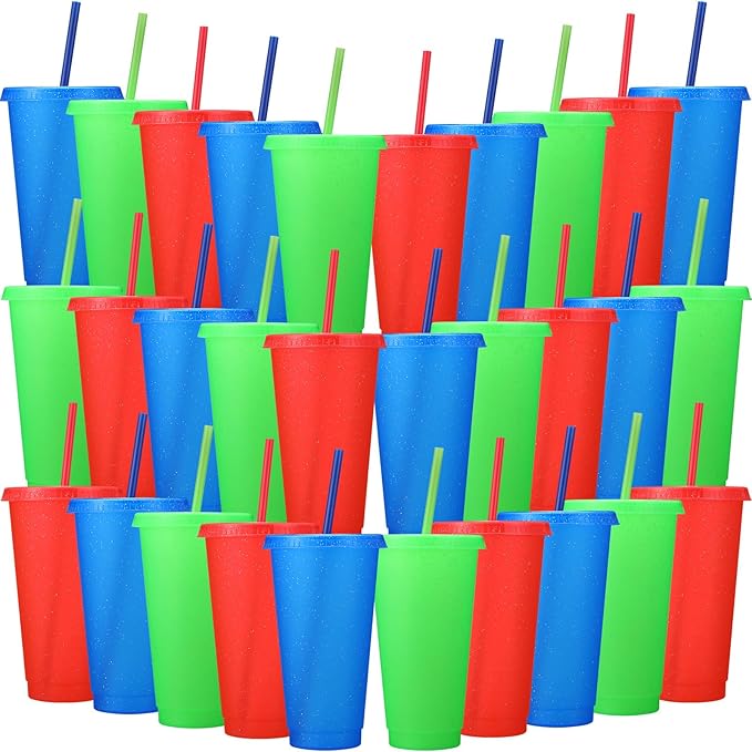 Honeydak 30 Pack Tumbler with Straw and Lid Bulk Cups for Gifts Glitter Plastic Coffee Cups 24-27 oz Reusable Water Bottle Iced Coffee Travel Mug Party Favors for Birthdays Travel (Primary Color)