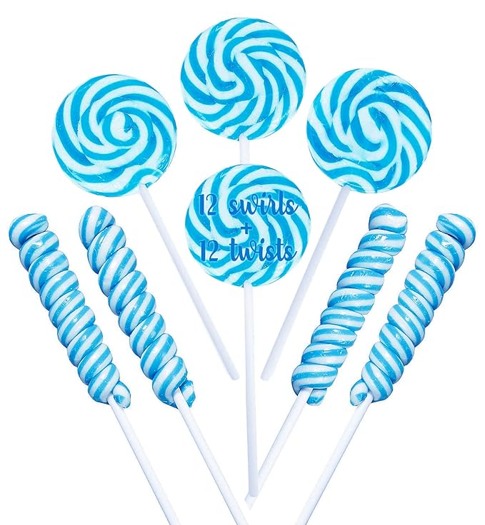 Blue Candy - 18g Swirl and 12g Twisty Lollipops - 24 Suckers Individually Wrapped Bulk - Great for Candy Buffet - Baby Boy Candy - Birthday Favor Candy