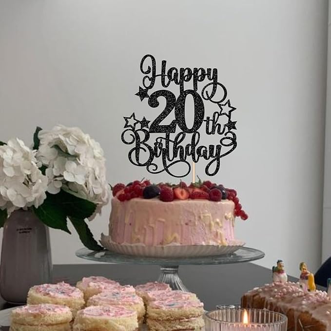 1 PCS Happy 20th Birthday Cake Topper Glitter Cheers to 20 Years Birthday Cake Pick Hello 20 Fabulous Cake Decoration for Happy 20th Birthday Anniversary Party Decorations Supplies Black