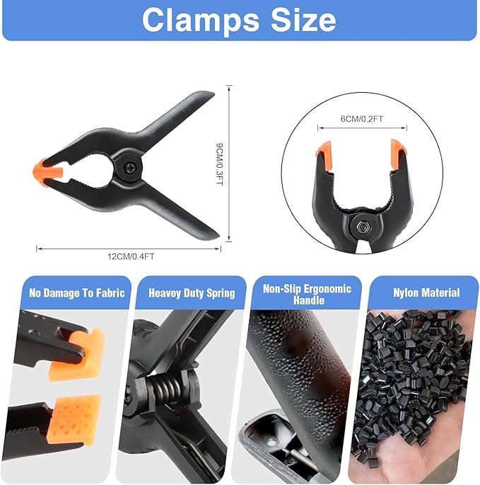 6 Pack 4.5 Inch Heavy Duty Spring Clamps + 6 Pack Backdrop Clips, Elastic Nylon Backdrop Clamps Holder Background Clips for Video Photography Background Support, Canvas, Creation and Home Use