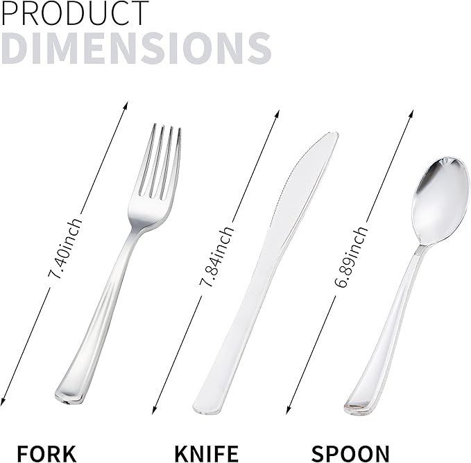 50 Pack Pre Rolled Silver Plastic Silverware Set, Disposable Wrapped Plastic Cutlery Set (50 Forks, 50 Knives, 50 Spoons, 50 Napkins) for Wedding Party