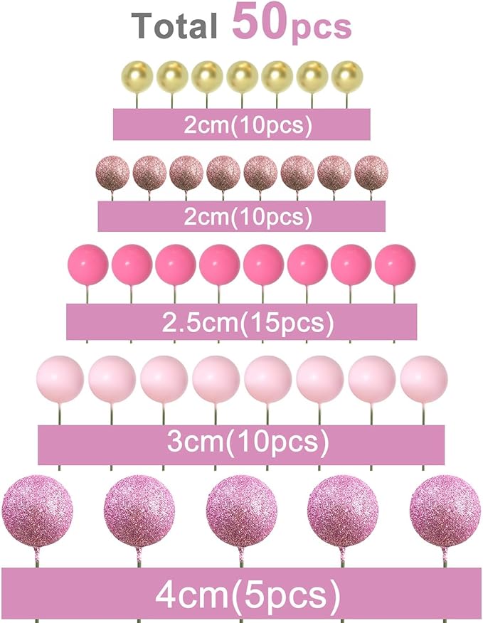 ASTARON 50 Pcs Ball Cake Topper Sticks Mini Balloons for Cake Decorating Supplies Foam Balls Cake decorations for Baby Shower Cake Birthday Cake Toppers Decorations (Pink Series)