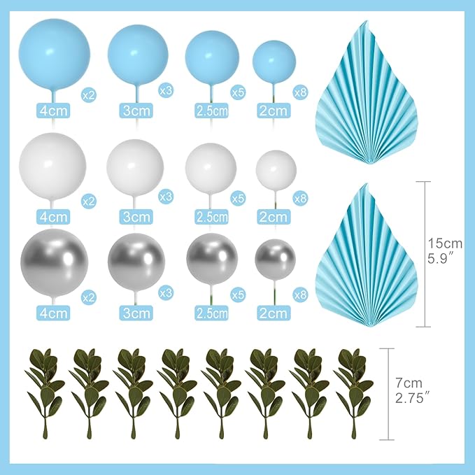 NEBURORA 64 Pcs Balls Cake Toppers and Leaves Decoration Set Mini Balloons for Cake Decorating Supplies Balls Cake decorations for Baby Shower Cake Toppers Birthday Cake Decorations(Blue Silver)