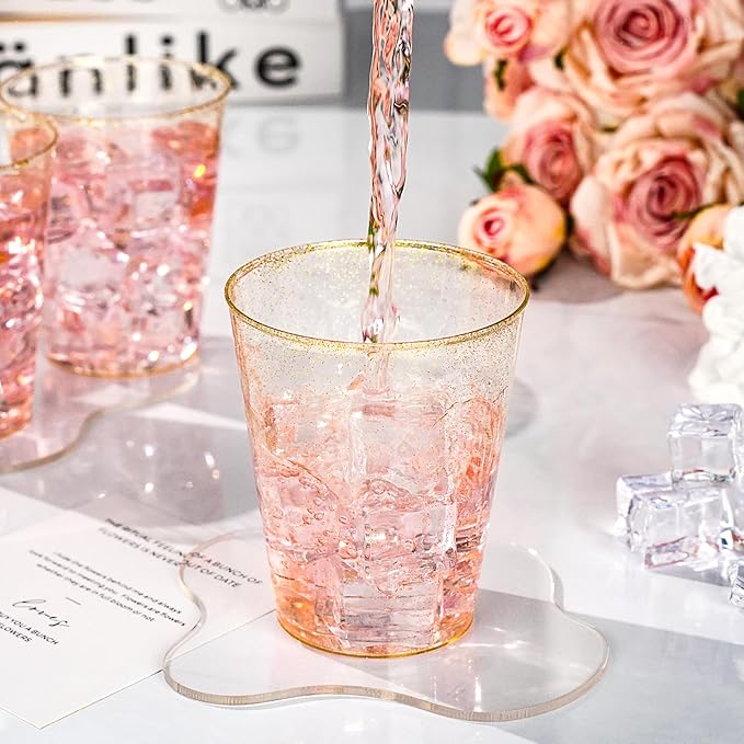 Goodluck 10 oz 50 PCS Gold Glitter Plastic Cups, Disposable Glitter Cups, Elegant Plastic Cocktail Glasses, Fancy Party Cups for Wedding, Birthday, Holiday