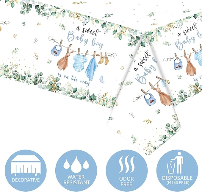 3 Pack Baby Shower Tablecloth Decorations, Baby Shower Decorations, Plastic Tablecloth Table Cover Backdrop for Baby Boy Gender Reveal Party Supplies, 54 x 108 Inch, Blue