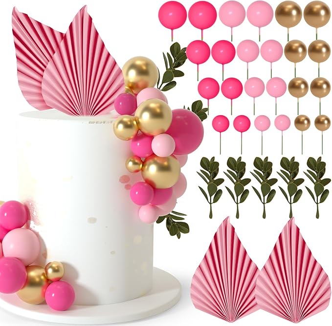 NEBURORA 64 Pcs Balls Cake Toppers and Leaves Decoration Set Mini Balloons for Cake Decorating Supplies Balls Cake decorations for Baby Shower Cake Toppers Birthday Cake Decorations (Pink Gold）