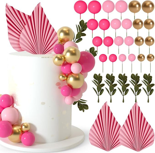 NEBURORA 64 Pcs Balls Cake Toppers and Leaves Decoration Set Mini Balloons for Cake Decorating Supplies Balls Cake decorations for Baby Shower Cake Toppers Birthday Cake Decorations (Pink Gold）